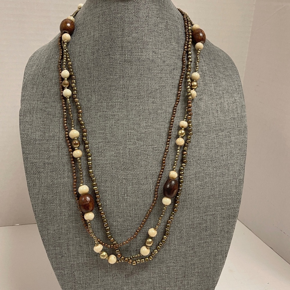 AVENUE Signed Triple Strand Wood and Seed Bead Vintage Necklace